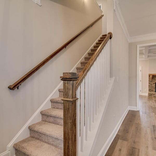 Stairs with Stone Fireplace